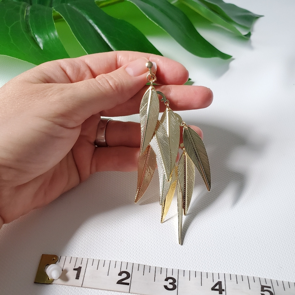 Clip On Leaf Feather Chandelier Earrings - Picture 6 of 6